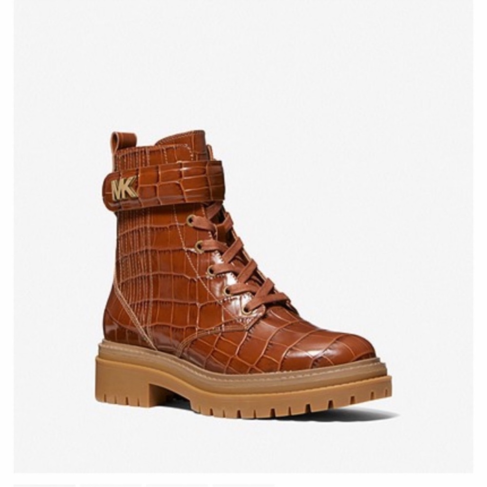 Michael Kors Stark Crocodile Embossed Leather
Combat Boot Chestnut 6